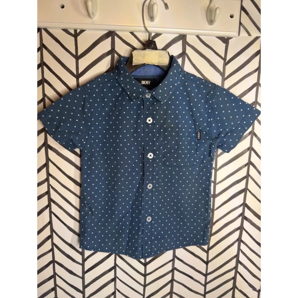 DKNY Blue White Polka Dot Short Sleeve Cotton Button Up Top Boys 3T 7171